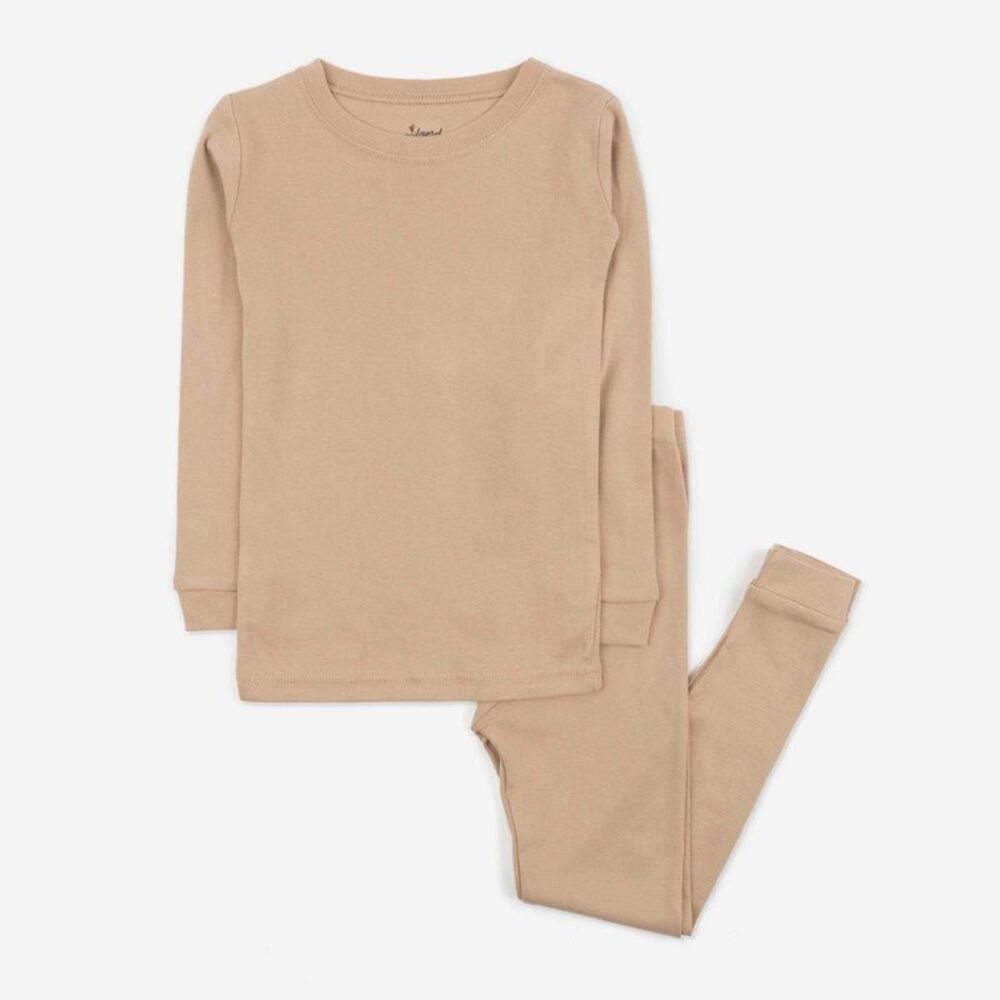 Leveret Kids Two Piece Cotton Pajamas Solid Beige 14